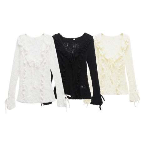 Spring And Summer Women's Long-sleeved Slim Lace Laminated Decoration Top