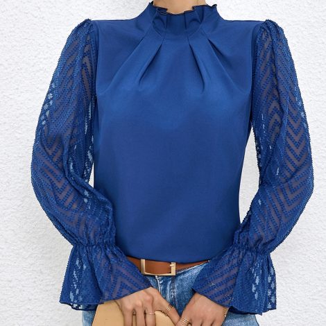 Women's Solid Color Mesh Patchwork Long Sleeved Shirt With Black Fungus Edge Collar