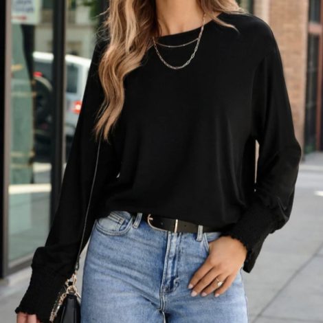 Women's Spring And Autumn Long Sleeve New Solid Color Mushroom Straw Cuff T-shirt