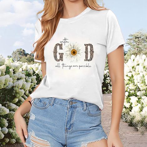 Women's Sunflower & Letter Print Round Neck Short Sleeve T-Shirt, Casual Summer Top