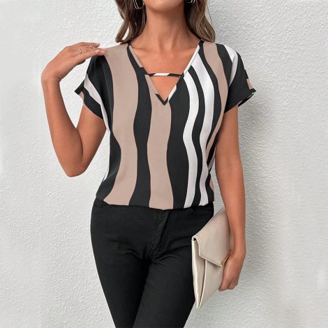 Summer Vacation Style European And American Striped Shirt V-neck Short Sleeve Pullover
