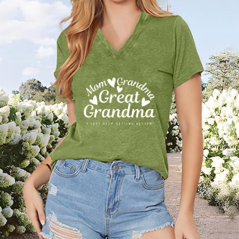 Women's V-Neck T-Shirt 'Mom Grandma Great-Grandma' Letter Print Casual Summer Top