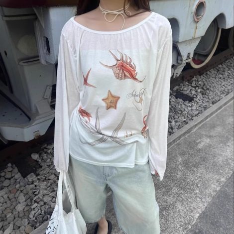 Starfish Printed Wide Collar Off-the-shoulder Sun Protection Long Sleeve T-shirt Women