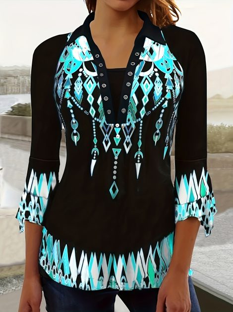 Spring Autumn New Printed Lapel Green Three-Quarter Sleeve T-Shirt Irregular Cuff Stud Button Top
