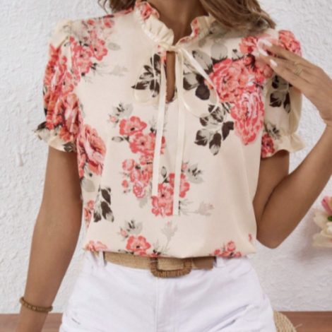 Ladies' Fashionable Casual Printed Lace Collar Lace Up Decorative Shirt Top