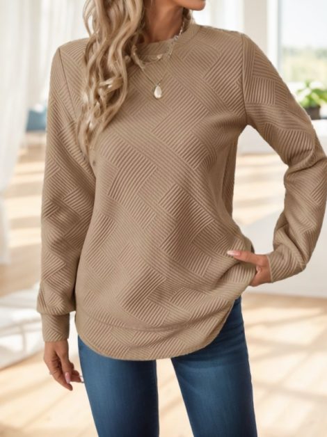 Women Casual Comfortable Waffle-Textured Asymmetrical Hem Crew Neck Sweatshirt