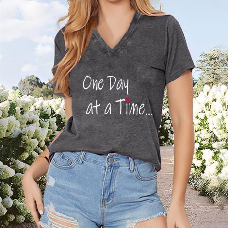 Women's 'One Day At A Time' V-Neck T-Shirt - Inspirational Short Sleeve Summer Top