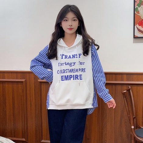 Plus Size Women's Fake Two-piece Hooded Sweater Stitching