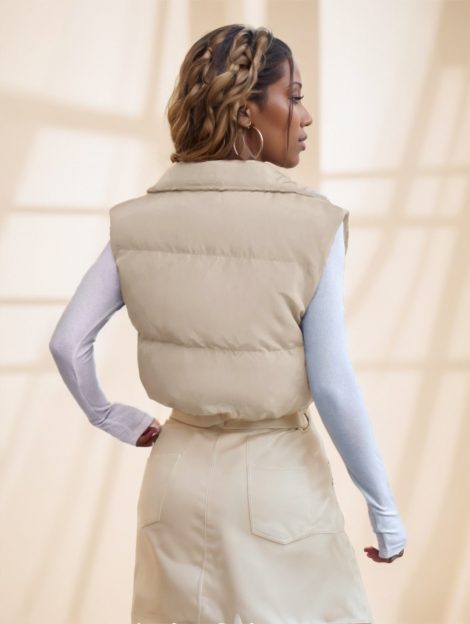 Zipper Front Casual Vest Khaki Winter Coat