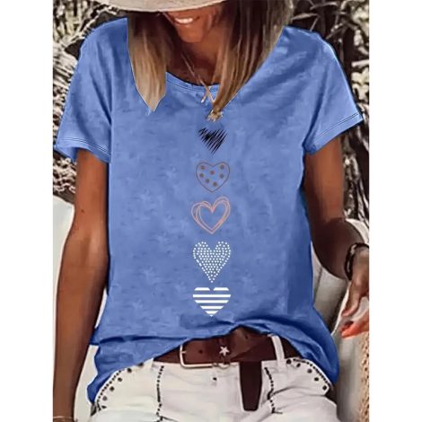 Women's Cute Heart Print T-Shirt Comfortable Round Neck Spring Summer Tee