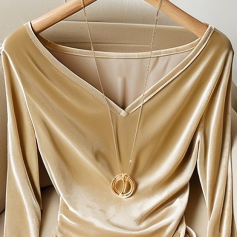 Top Champagne V-neck Long Sleeve Pleuche Pleated Female Winter