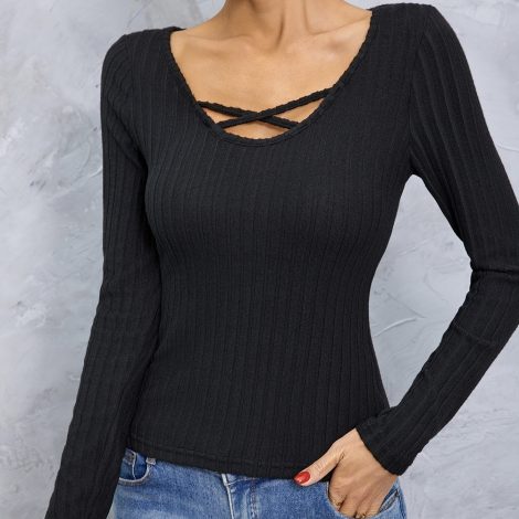 Ladies' Solid Color Collar Cross Design Slim Fit, Simple And Comfortable Elastic Long Sleeved T-shirt