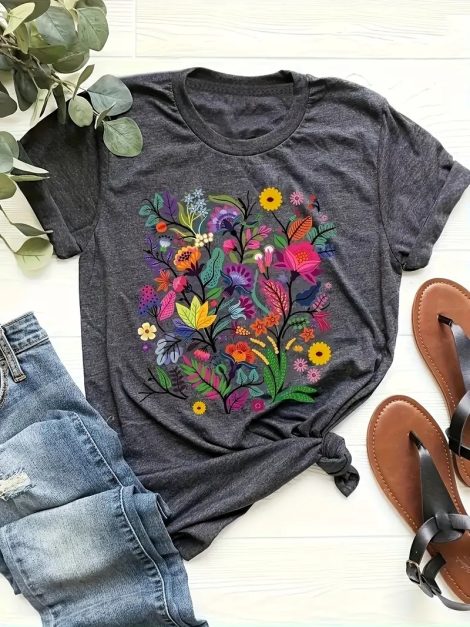 Women's Colorful Flowers Shirt Casual Boho Floral Printed Short Sleeve Graphic Tees Tops