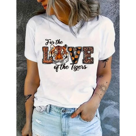 Tiger Print Love T Shirt For Women Funny Graphic Tee Tops Casual Loose Short Sleeve Blouse