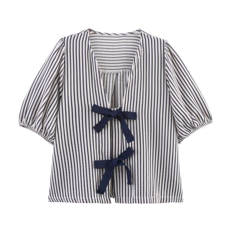New Summer Versatile Bow Striped Short Sleeve