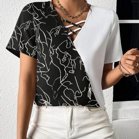 Ladies' Contrasting Color Splicing Striped Print Front Cross Strap Detail Design Versatile T-shirt