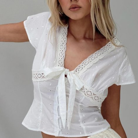 Gentle Lace V-neck All-matching Short Sleeve