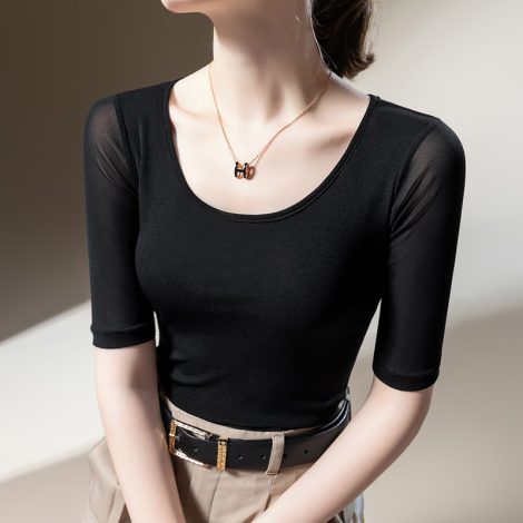 Women's Elegant Scoop Mesh T-shirt Solid Color Waist Stretch Top