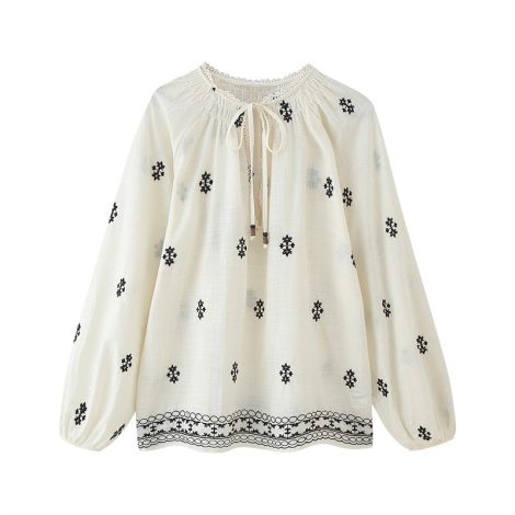 European And American Style Women's Fashion Casual Loose Long Sleeve Lace-up Embroidered Shirt