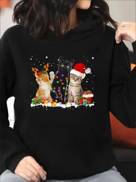 Plus Size Christmas Cat Lights Gorgeous Reindeer Christmas Cat Lovers Print Hoodie Women Long Sleeve Casual Sweatshirt Stylish Pullover