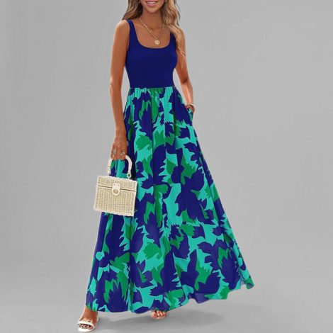 European And American High-grade Printed V-neck Waist Slim Fit Dress Women