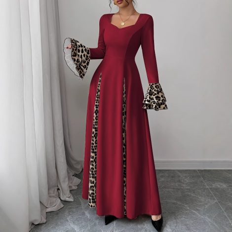 European And American Women's Clothing Leopard Print Contrast Color Long Dress