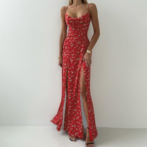 Women's Printed High Waist Slit Off-neck Dress