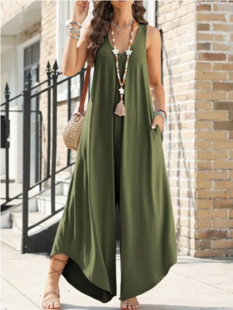 Women's Casual Sleeveless V-Neck Jumpsuit With Pockets