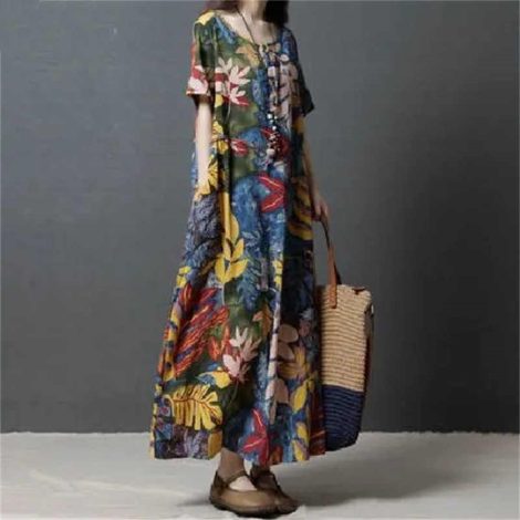 Retro Artistic Ethnic Style Oversized Loose-fitting Pattern Print Short Sleeve Dress