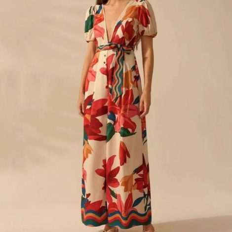 Women's Deep V-neck Printed Fashion Wide-leg Jumpsuit