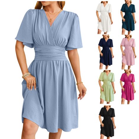 V-neck Fitted Waist Flare-sleeve Fashion Dress Women