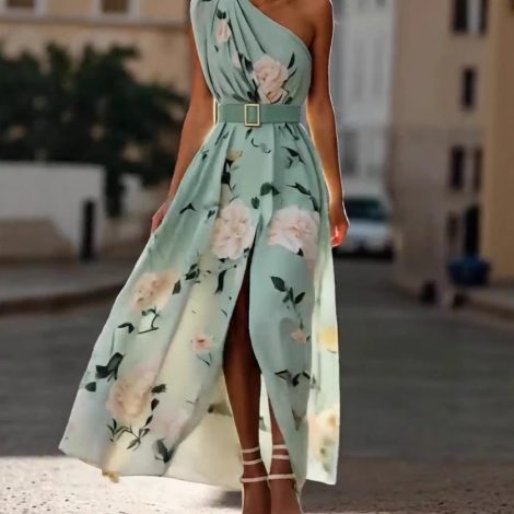 Women's Oblique Shoulder Digital Printing Sleeveless Vest Dress