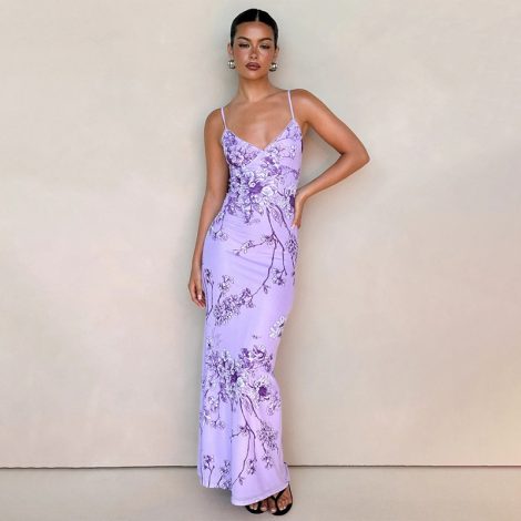 Elegant V-neck Slim-fit Printed Purple Dress Women