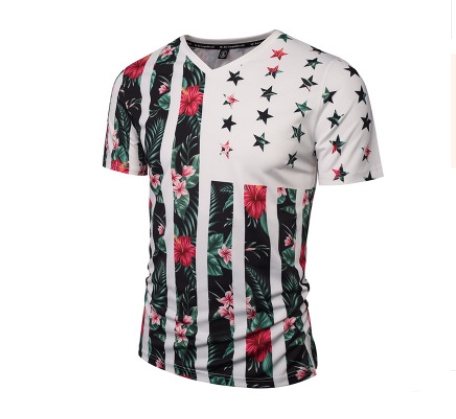 Summer Creative Plant Flowers Star Print Personality V-neck Men's Short Sleeve T-Shirt Cross-border Men's Wear