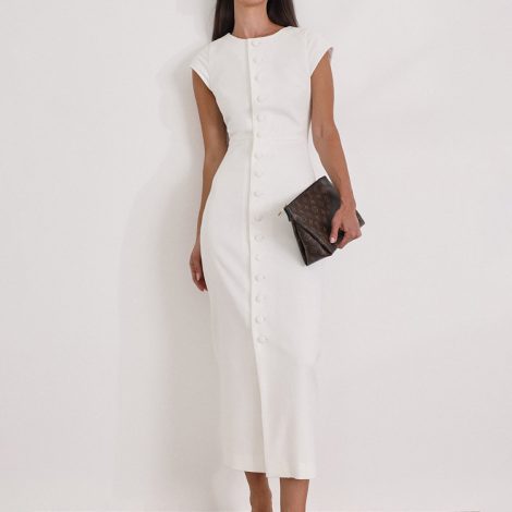 Waist-tight Single-breasted White Sheath Round Neck Flying Sleeves Dress