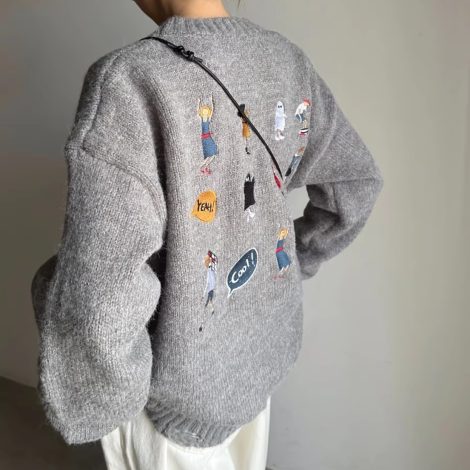 Gray Sweater Women's Loose Cartoon Embroidery Knitted Top