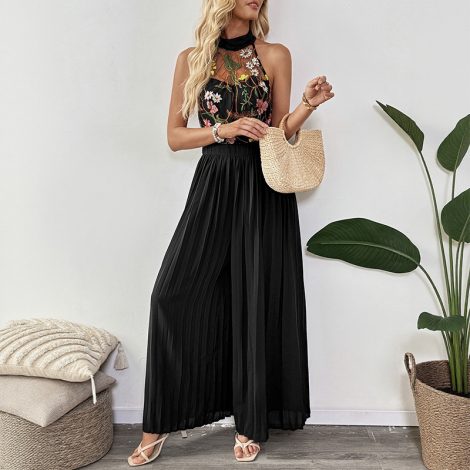 Halter Sleeveless Lace Embroidery Stitching Wide Leg Jumpsuit