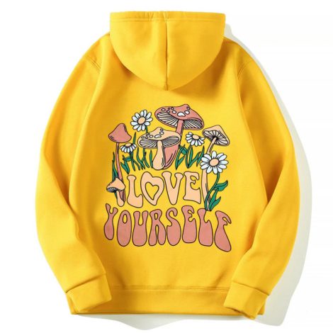 Drop-shoulder Sleeve Letters LOVE YOURSELF Hooded Fleece Sweatshirt
