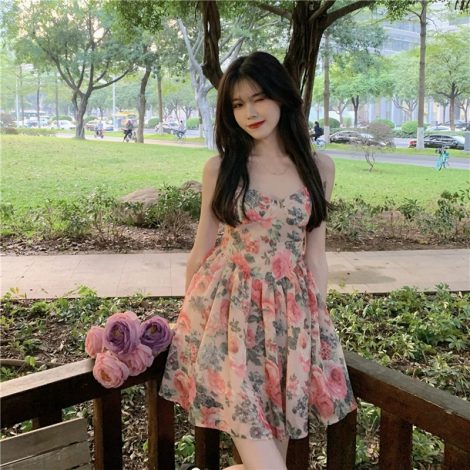 Women's High Waist Floral Slip Dress Backless