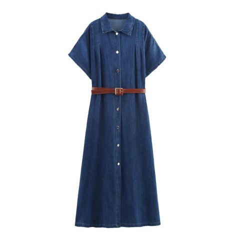 European And American With Belt Denim Short Sleeve Dress
