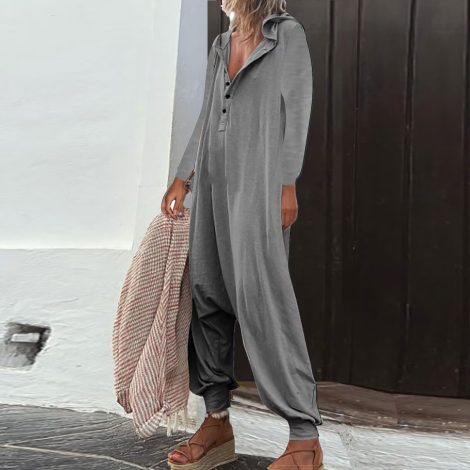 Hooded Side Pocket Long Sleeve Trousers Jumpsuit Baggy Pants