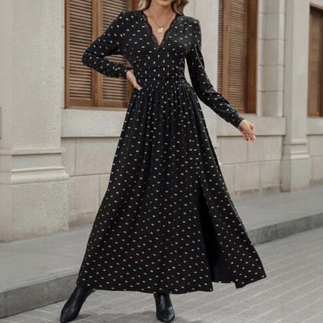 Elegant Retro Lace V-neck Bow Print Dress
