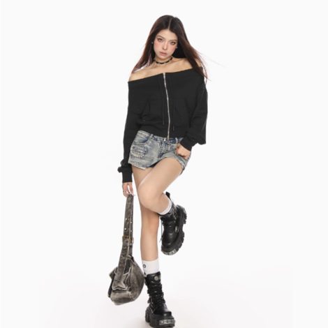 Spring And Autumn Slim Fit Short Off Shoulder Top