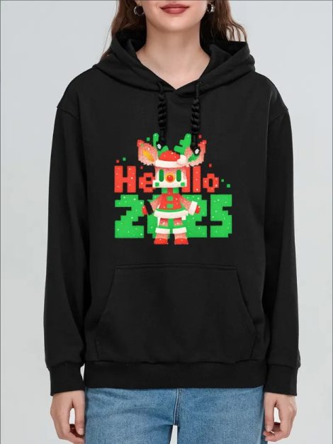 Women'S Fashion Christmas Pixel Style Reindeer Santa Hat Hello 2025 Print Hoodies Long Sleeve Hood Sweatshirt Loose Fit Tops Fall Streetwear