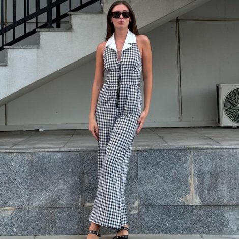 Sexy Backless Blouse Collar Zipper Plaid Jumpsuit