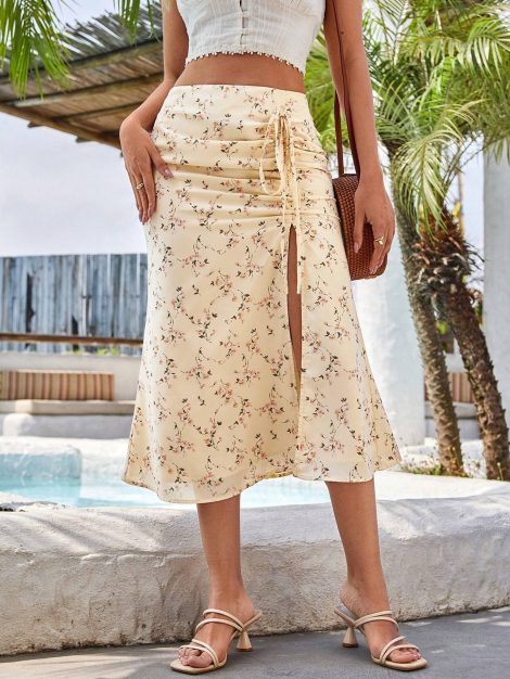 Ladies Fashionable Vacation Style Skirt With Floral Print, Drawstring, Ruffles, And Split Design
