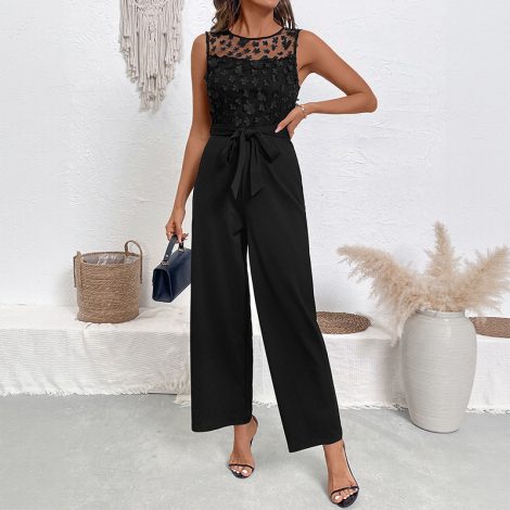 Lace Patchwork Round Neck Sleeveless High Waist Straight Women's Jumpsuit