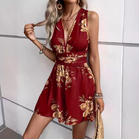 V-neck Strap Backless Multicolor Printed Jumpsuit