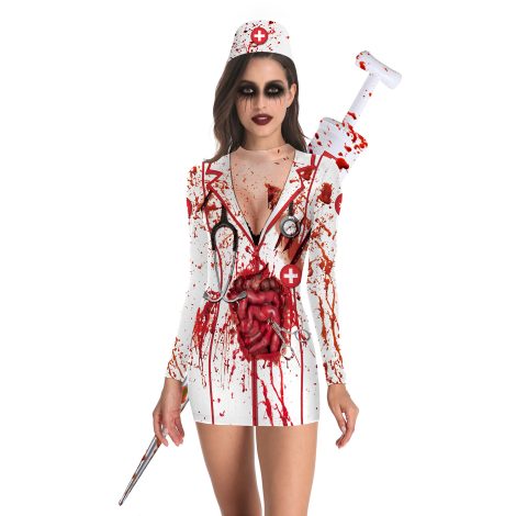 European And American Halloween Nurse Zombie Round Neck Slim Long Sleeve Dress