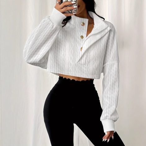 Women's Solid Color Stand Up Collar Front Button Long Sleeved Textured Short Hoodie